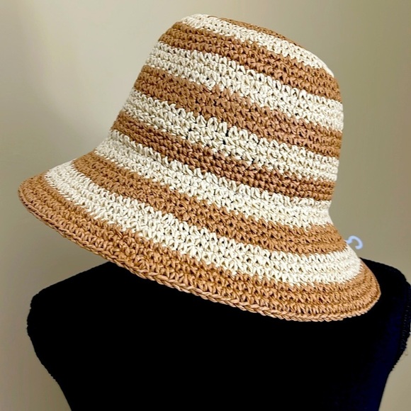 NEW SONOMA Tan with Natural Stripes Adjustable Packable Sun Hat - Picture 2 of 6